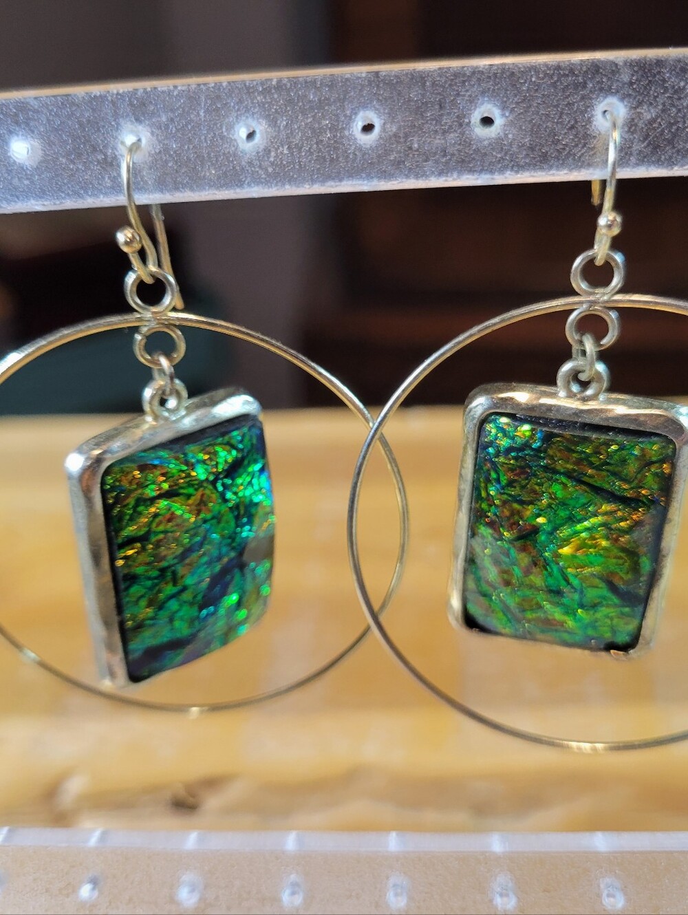 Colorful Green & Orange Foil Acrylic Cabochon Pierced Earrings Gold Tone Jewelry